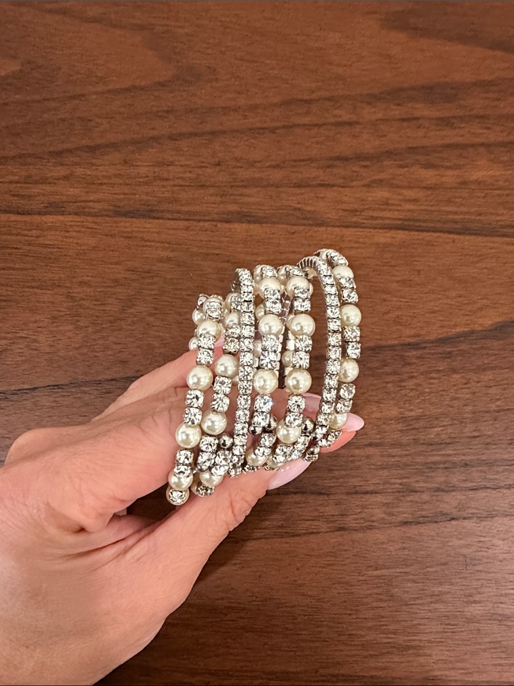 Pearl & Crystal Multi-Row Stretch Bracelet - White Pearls and Silver Crystals - Picture 5 of 6